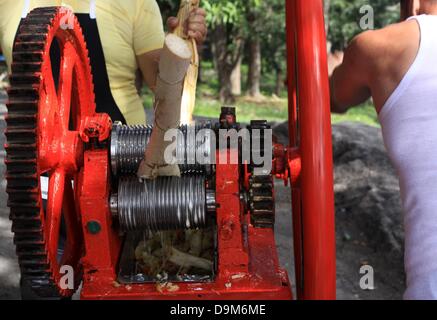 Two men operate a sugar cane press, squeezing out the juice from sugar canes in San Francisco de Paula, Cuba, 12 April 2013. Photo: Peter Zimmermann Stock Photo