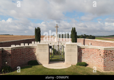 The entrance gate to CWGC Rancourt Military Cemetery, Somme, Picardy, France. Stock Photo