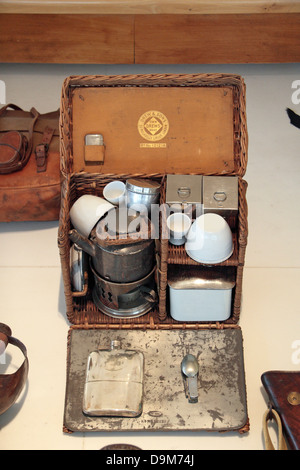 World War One tea making kit of a British infantry Lieutenant at the Historical de la Grande Guerre Museum, Peronne, France. Stock Photo