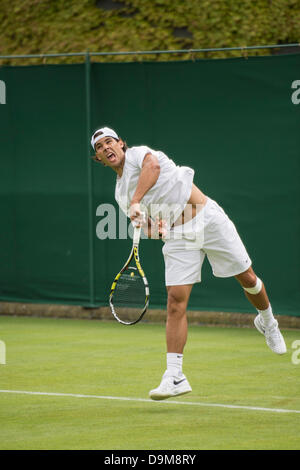 Wimbledon, London, UK. 22nd June 2013.  The All England Lawn Tennis and Croquet Club, London, England, UK. Fresh from his Roland Garros triumph, No 5 seed Rafael Nadal practices on Wimbledon's Court 14. Credit: Action Plus Sports/Alamy Live News Stock Photo