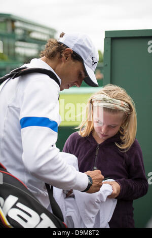 Wimbledon, London, UK. 22nd June 2013.  The All England Lawn Tennis and Croquet Club, London, England, UK. Fresh from his Roland Garros triumph, No 5 seed Rafael Nadal practices on Wimbledon's Court 14. Credit: Action Plus Sports/Alamy Live News Stock Photo