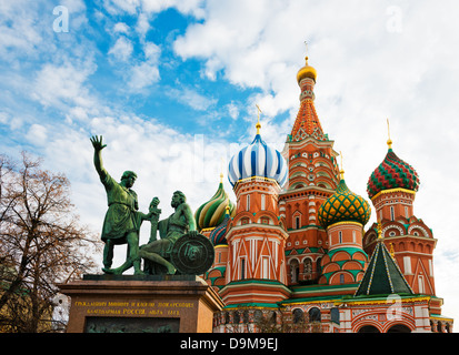 The monument to Minin and Pozharsky and the most famous Russian Cathedral on the Red Square in Moscow Stock Photo