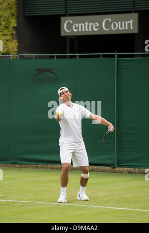 Wimbledon, London, UK. 22nd June 2013. The Wimbledon Tennis Championships 2013 held at The All England Lawn Tennis and Croquet Club, London, England, UK.    Fresh from his Roland Garros triumph, No 5 seed Rafael Nadal practices on Wimbledon's Court 14. Credit:  Duncan Grove/Alamy Live News Stock Photo