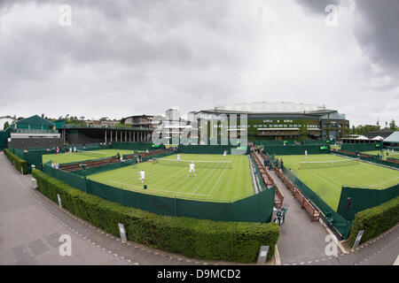 London, UK. 22nd June 2013. Practice and preparations take place ahead of The Wimbledon Tennis Championships 2013 held at The All England Lawn Tennis and Croquet Club.  General View (GV). Practice at the AELTC. Credit:  Duncan Grove/Alamy Live News Stock Photo