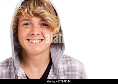 cute blond teenager boy headshot isolated on white Stock Photo