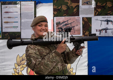 Preston UK, 22 June 2013. Pvt Rayworth, 21 holding RPG at the Preston Military Show at Fulwood Barracks, Preston, Lancashire .   Servicemen and women, cadets and veterans represent the Royal Navy, the Army and the Royal Air Force from all over the North West: Cheshire, Cumbria, Lancashire, Merseyside and Greater Manchester.  The Preston Military Show is the largest display by the armed forces in the North West of England. Credit:  Mar Photographics/Alamy Live News Stock Photo