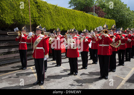 Parade of uniformed British Army Bandsmen at Preston UK, 22 June 2013. The Band of The King's Division based at Weeton Barracks at the Preston Military Show at Fulwood Barracks, Preston, Lancashire .   Servicemen and women, cadets and veterans represent the Royal Navy, the Army and the Royal Air Force from all over the North West: Cheshire, Cumbria, Lancashire, Merseyside and Greater Manchester.  The Preston Military Show is the largest display by the armed forces in the North West of England. Stock Photo