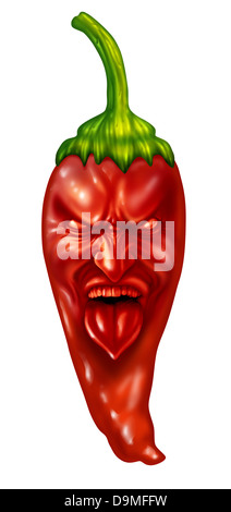 Hot pepper and extreme intense spicy flavor food symbol with a character expression on a red chili as southern and mexican cuisine or Indian cooking concept isolated on a white background. Stock Photo