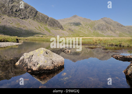 Scafell Pike reflected in the River Esk at Great Moss, Upper Eskdale, Lake District Stock Photo