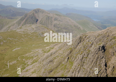 View from Scafell over Pikes Crag, Scafell Pike, towards Lingmell and Great Gable Stock Photo