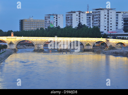 Old Stone Bridge and river Vardar at dusk, Skopje, Macedonia Stock Photo