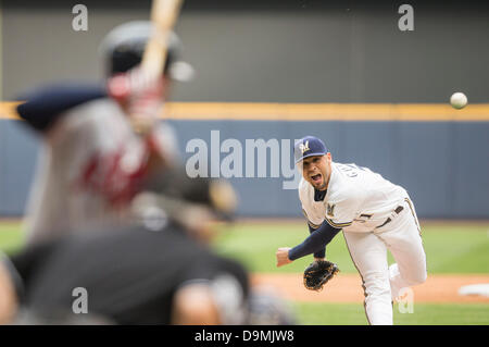 June 22, 2013 - Milwaukee, Wisconsin, United States of America - June 22, 2013: Milwaukee Brewers relief pitcher Mike Gonzalez #51 delivers a pitch during the Major League Baseball game between the Milwaukee Brewers and the Atlanta Braves at Miller Park in Milwaukee, WI. Milwaukee Brewers defeated the Atlanta Braves 2-0. John Fisher/CSM. Stock Photo