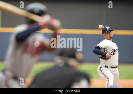 June 22, 2013 - Milwaukee, Wisconsin, United States of America - June 22, 2013: Milwaukee Brewers relief pitcher Mike Gonzalez #51 delivers a pitch late in the game; during the Major League Baseball game between the Milwaukee Brewers and the Atlanta Braves at Miller Park in Milwaukee, WI. Milwaukee Brewers defeated the Atlanta Braves 2-0. John Fisher/CSM. Stock Photo