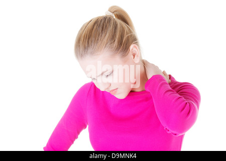 oung woman holding hand on her neck. Neck pain concept . Stock Photo