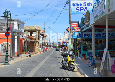 Resort town centre, Ermou Street, Faliraki, Rhodes (Rodos) Region, The Dodecanese, South Aegean Region, Greece Stock Photo