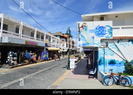 Resort town centre, Ermou Street, Faliraki, Rhodes (Rodos) Region, The Dodecanese, South Aegean Region, Greece Stock Photo