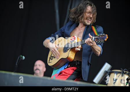 The lead singer of the The New York band Gogol Bordello,  Eugene Huetz, performs with his band on stage at the Southside music festival in Neuhausen ob Eck, Germany, 22 June 2013. Photo: Felix Kaestle Stock Photo