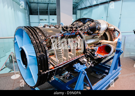 Cutaway model of a modern jet engine showing inlet, turbines and exhaust