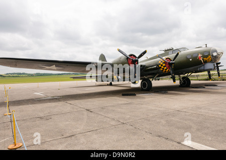 B-17G Flying Fortress bomber 'Sally B', one of three aircraft used in the 1990 film 'Memphis Belle' parked at Duxford Airfield, and the last airworthy Stock Photo