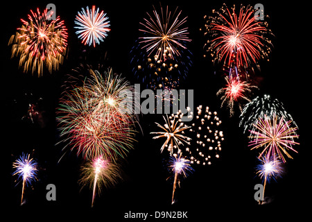 Spectacular fireworks compilations isolated on black for designers and graphic artists. Stock Photo