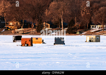 Ice Fishing Houses On Frozen Ottertail Lake In Minnesota Stock