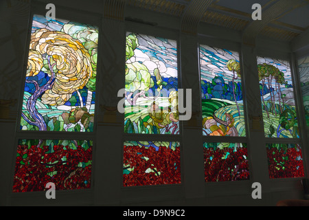 detail of stained glass windows by Adolf Böhm in sun room in the Otto Wagner Villa in Hütteldorf, Vienna, Austria Stock Photo