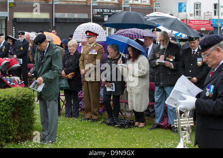 Northampton UK. Memorial Garden Abington Square. 23rd June 2013.The drumhead service of commemoration to mark the 60th anniversary of the armistice of the Korean War (1950-53). Northampton Borough Council, the Royal British Legion and the Korean Veterans Association hold a static parade in the Memorial Garden. The standards of military units draped over drums piled to create an altar Credit:  Keith J Smith./Alamy Live News Stock Photo