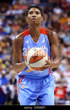 Uncasville, Connecticut, USA. 23rd June, 2013. Atlanta Dream guard-forward Angel McCoughtry (35) shooting free throws during the WNBA basketball game between the Connecticut Sun and Atlanta Dream at Mohegan Sun Arena. Atlanta defeated Connecticut 78-77. Anthony Nesmith/CSM/Alamy Live News Stock Photo
