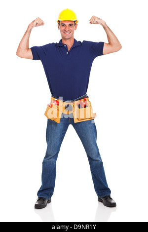 full length of strong handyman posing over white background Stock Photo