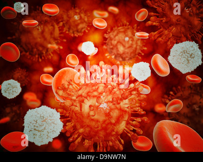 Microscopic view of H5N1 virus with red blood cells and white blood cells. Stock Photo