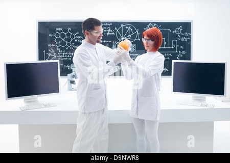 general view of two people holding a grapefruit in a chemistry lab with a working table and a blackboard on the background Stock Photo