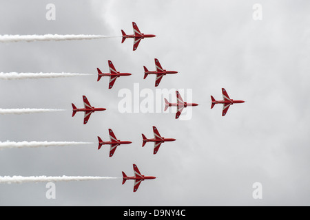 The Red Arrows fly in formation during their exciting aerobatic display at Weston Air Day Weston-Super-Mare.