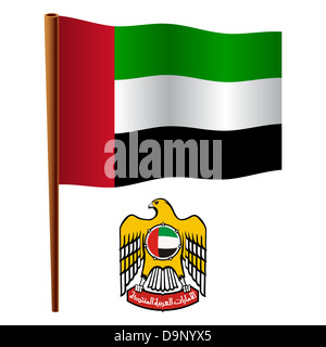 united arab emirates wavy flag and coat of arm against white background, vector art illustration, image contains transparency