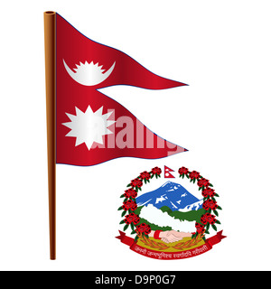 nepal wavy flag and coat of arm against white background, vector art illustration, image contains transparency Stock Photo