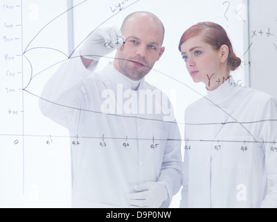 general-view of a teacher in a chemistry lab drawing and writing formulas on a transparent board for his student Stock Photo