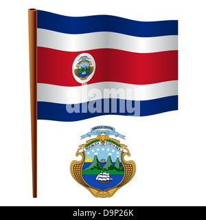 costa rica wavy flag and coat of arms against white background, vector art illustration, image contains transparency Stock Photo