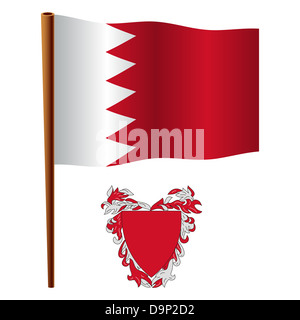 bahrain wavy flag and coat of arms against white background, vector art illustration, image contains transparency Stock Photo