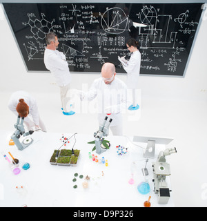 bird-eye of four people in a chemistry lab conducting experiments , analyzing substances around a lab table and writing on a bla Stock Photo