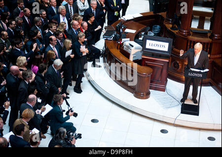 London, UK – 24 June 2013: The Mayor Boris Johnson addresses Lloyd’s staff gathered in the iconic building’s Underwriting Room by the Lutine Bell in the heart of the financial center to champion London’s insurance sector and build on its status as a global hub. Credit:  Piero Cruciatti/Alamy Live News Stock Photo