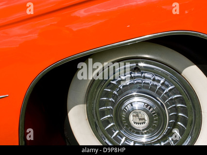 American classic car wheel hub fender 1959 red Cadillac Coupe de Ville Stock Photo