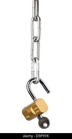 Open padlock hooked to one end of a metal chain isolated on white background Stock Photo