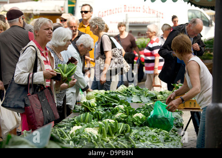 Market place in the Seaport City Husum in the North of Germany with people Stock Photo