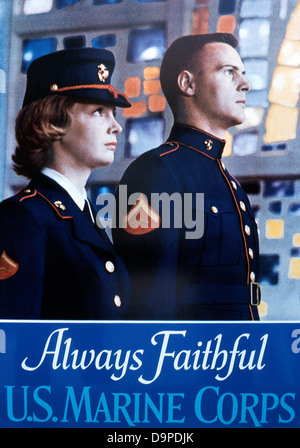 A 1970s recruiting advertisement advert poster for the American US Marine Corps featuring man and woman in uniform standing at attention gazing ahead with eyes raised in devotion 'Always Faithful' to serving their country in the armed forces 1971 USA  KATHY DEWITT Stock Photo