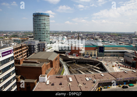 View over Birmingham Town Center showing the Rotundra, Bullring, St Martins Church, Debenhams, New Street Train Tracks Stock Photo