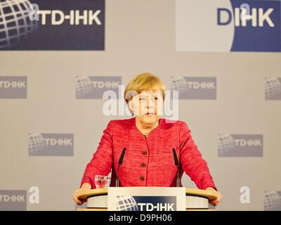 Berlin, Germany. 24th June, 2013. Angela Merkel, German Chancellor, attended the General Assembly of the Turkish-German Chamber of Industry and Commerce with a discourse on trade relations between the two countries at the Haus der Deutschen Wirtschaft in Berlin. Picture: Angela Merkel (CDU), German Chancellor, pictured at the General Assembly of the Turkish-German Chamber of Industry and Commerce in Berlin. Credit:  Reynaldo Chaib Paganelli/Alamy Live News Stock Photo