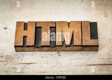 html (hyper text markup language) acronym - a word in vintage letterpress wood type on a grunge painted barn wood background Stock Photo