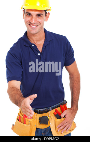 portrait of happy repairman with handshake gesture over white background Stock Photo