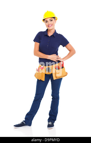 pretty female builder full length portrait on white background Stock Photo
