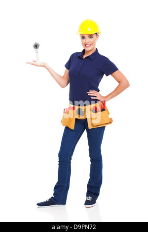 female cctv installer presenting security camera isolated on white Stock Photo