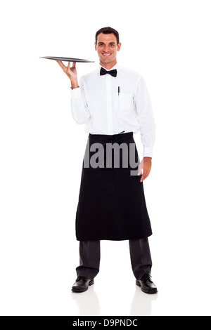 happy waiter full length portrait isolated on white Stock Photo